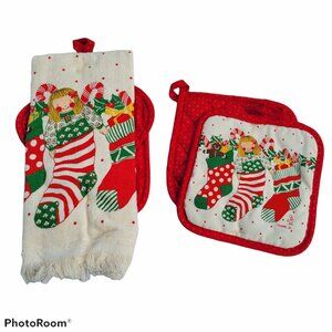 Cannon Cotton Kitchen Towel Potholders Christmas Vintage Stocking Toys New USA